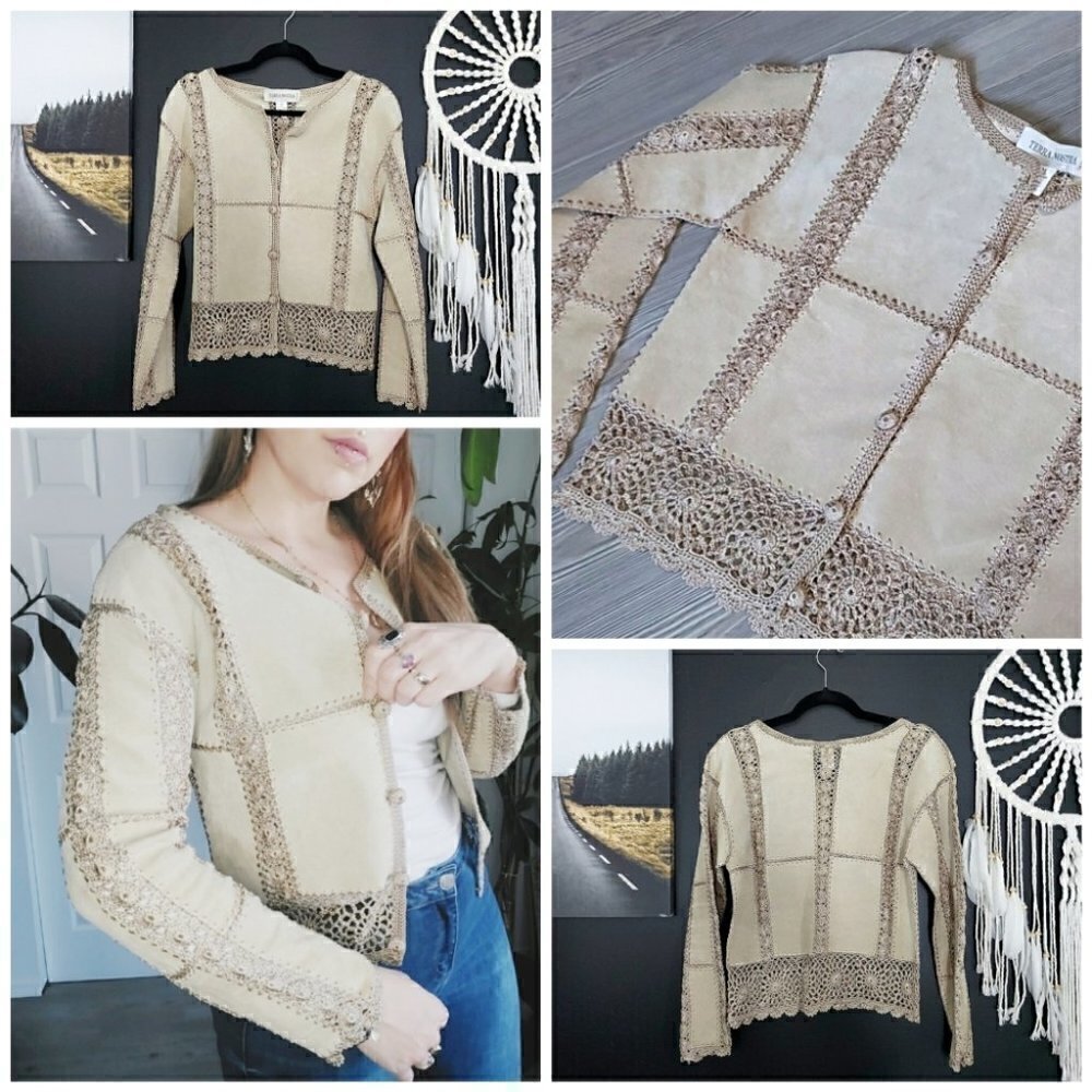 VINTAGE Boho Patchwork & Crochet Leather Jacket